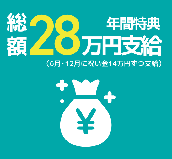 年間特典 総額28万円支給（6月・12月に祝い金14万円ずつ支給）