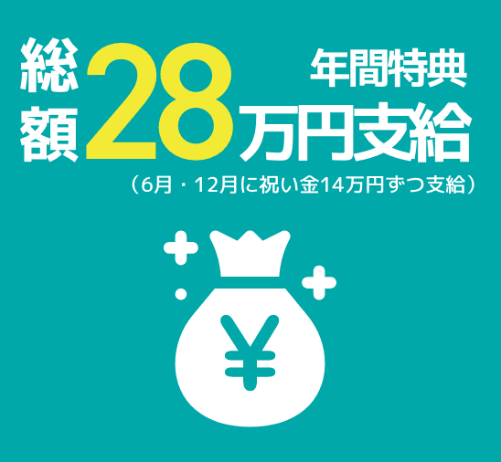 年間特典 総額28万円支給（6月・12月に祝い金14万円ずつ支給）
